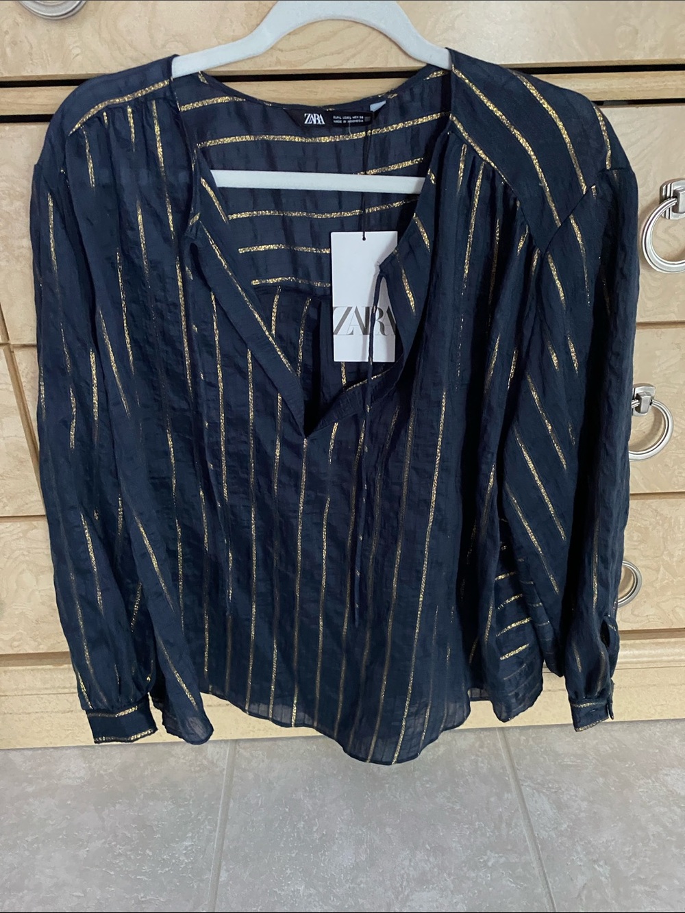 Zara navy Blouse with Gold Metallic Stripes